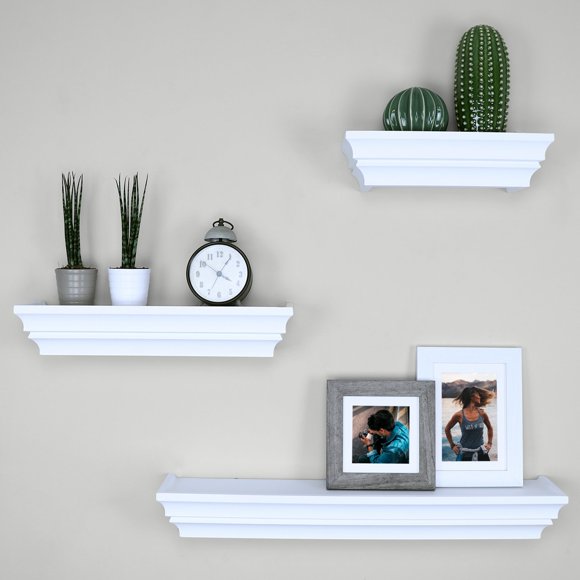 Ballucci Victorian Wall Ledge and Shelf, White Floating Shelves, 12", 16", 24", Set of 3