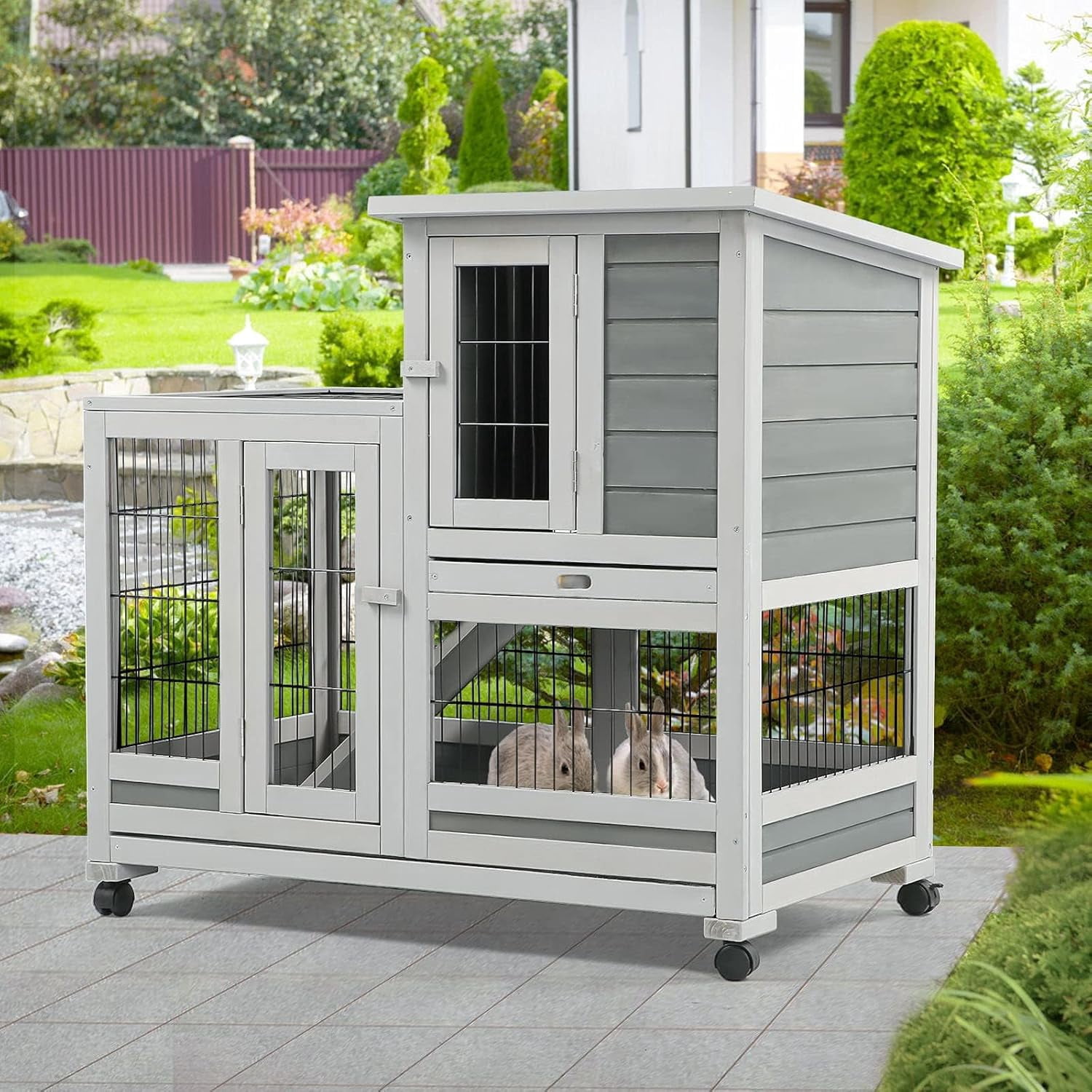 Esright Rabbit Hutch Pet House for Small Animals 37 inches Guinea Pig Cages with Run Bunny House Indoor Rabbit Cage with 4 Casters Removable No Leak Trays & Ladder