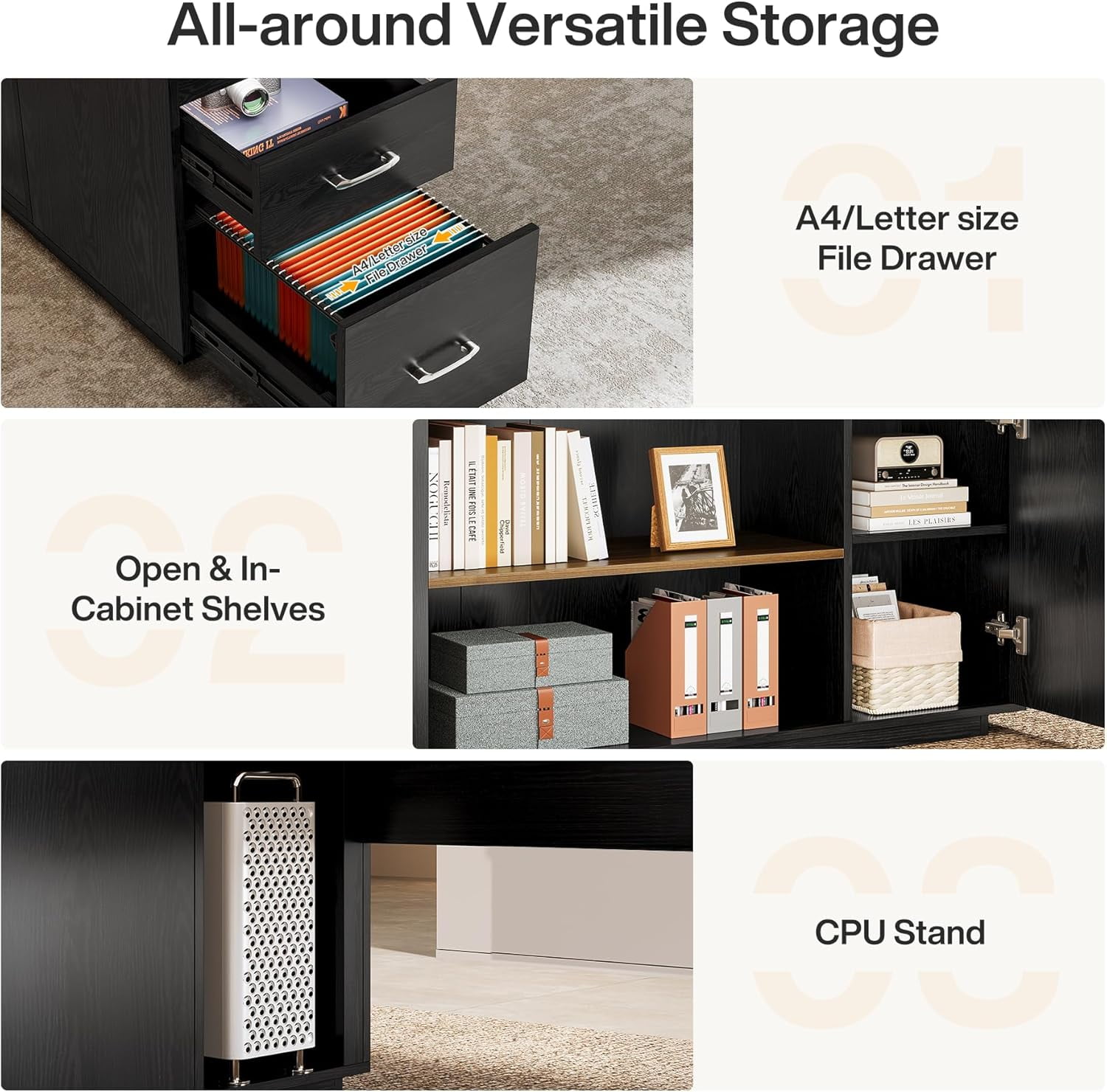 Tribesigns 85.8" L-Shaped Executive Desk, Extra Large Office Desk with File Drawers, Modern Business Furniture with Door Cabinet, Shelves for Home Office, Brown & Black
