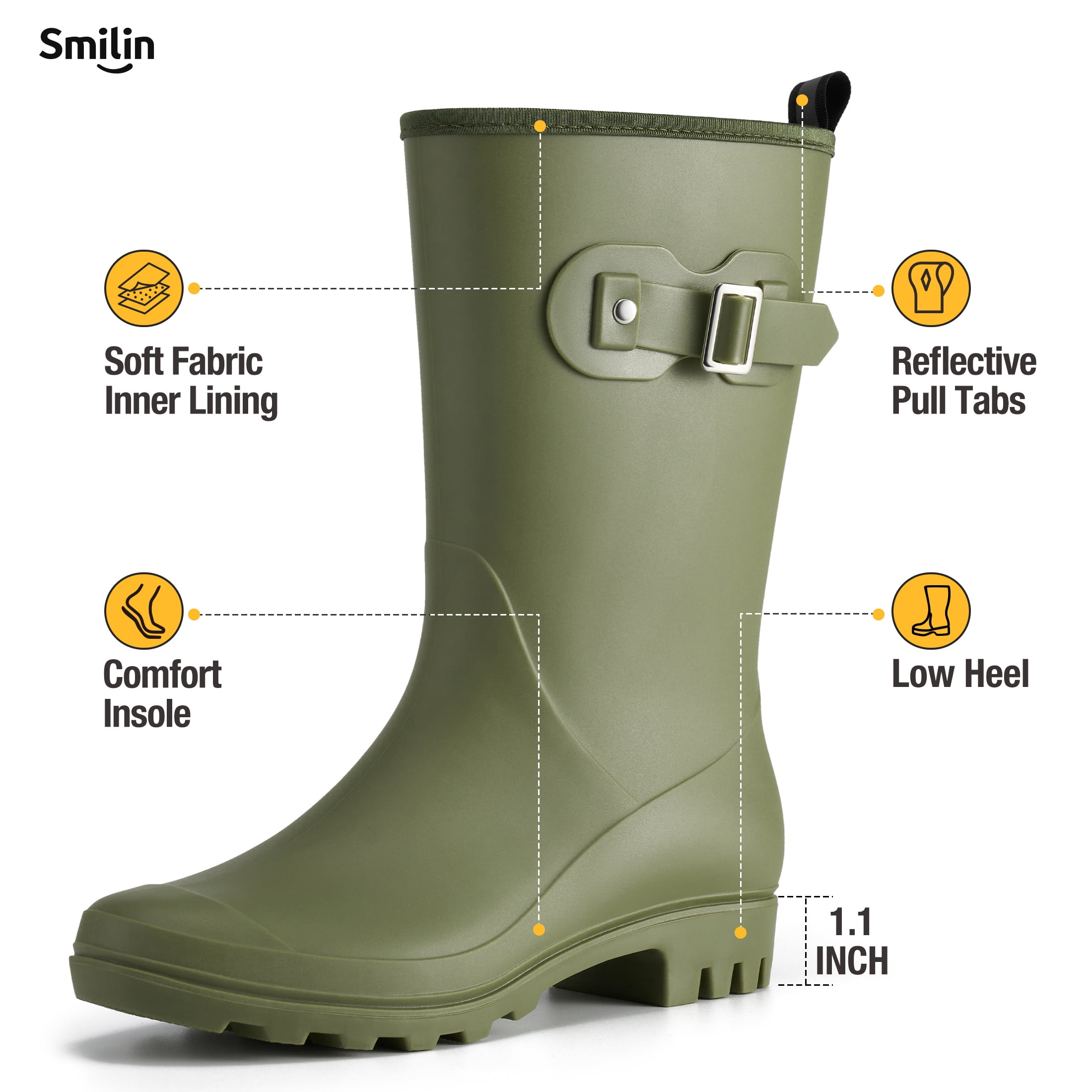 SMILIN Wellington Wide Calf Rubber Rain Boots for Women Olive Green Size 8