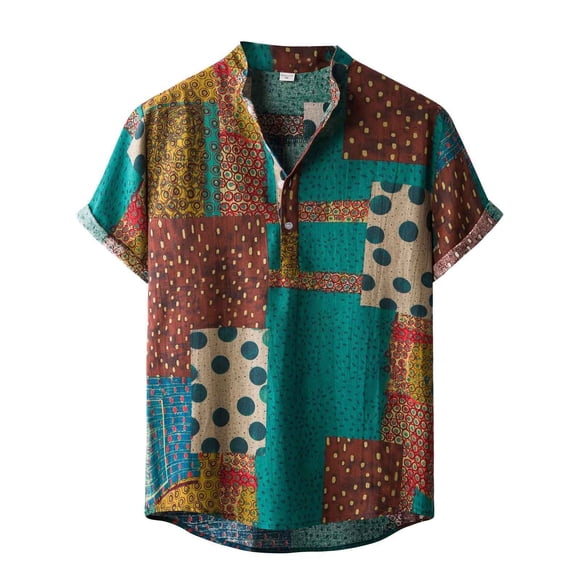 RKSTN Mens Shirts Short Sleeve Linen Ethnic Short Sleeve Casual Printing Hawaiian Shirt Blouse T-shirt Hawaiian Shirts for Men