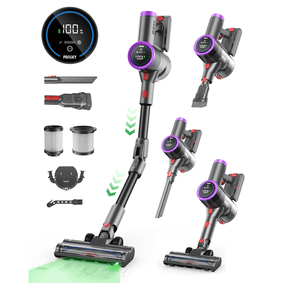 PRASKY Cordless Stick Vacuum Cleaner Bendable Lightweight for Carpet, Hard Floor, Pet Hair (Purple)