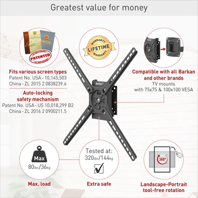 Barkan Fixed - 3 Movement Landscape-Portrait Rotation TV Wall Mount 80 lbs Black Auto Locking Patent 20 Year Warranty