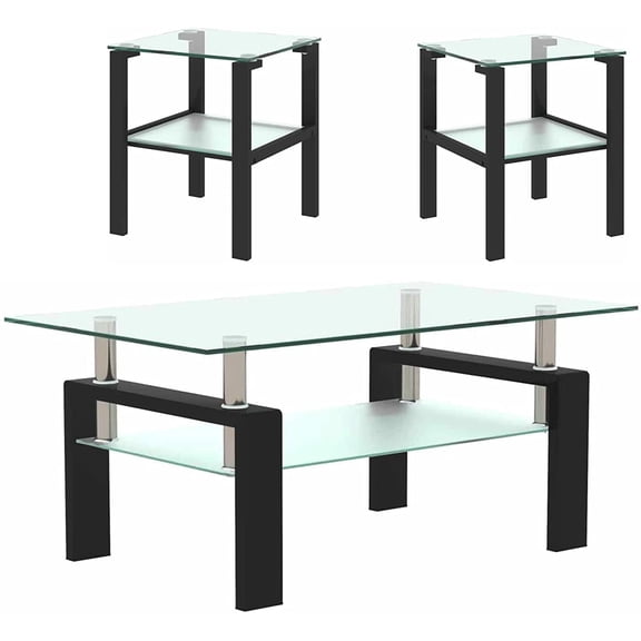 Holaki Glass Coffee Table and End Table Sets, Living Room Table Set of 3, 2 Layer Tea Table (Coffee Table and End Table Sets)