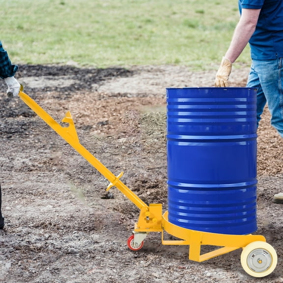 1200lb Capacity 55 Gallon Drum Dolly Cart, Heavy-Duty Steel Barrel Roller with PU Wheels, Low Profile Hand Cart - Yellow