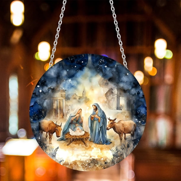 Fiudx Ofertas de la semana Adornos navideños redondos de acrílico, colgante de bautizo con diseño de bosque, adornos de pared para fiestas