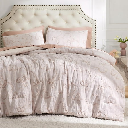 Queen Comforter Set, Pink Boho Tufted Bed 3D Puffy Jacquard Bedding Size, 3 Pieces, 1 Farmhouse Shabby Chic Embroidery with Bow Pattern & 2 Pillow Cases