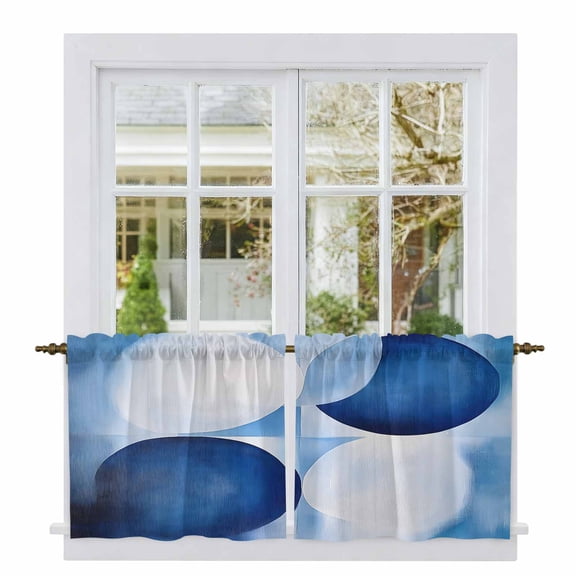 Blue Geometric Tier Curtains, Gradient Abstract Contemporary Solid Light Filtering Kitchen Curtains, 2Pcs Rod Pocket Half Window Treatments Panels for Sink Cafe Cabinet Camper 27.5x24 Inches