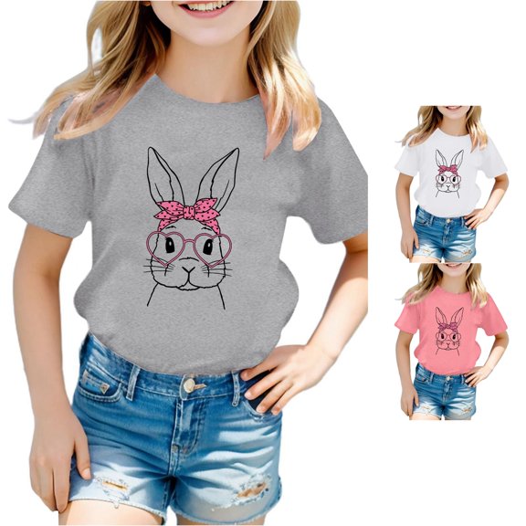 Little Girls Short Sleeve Tee Shirts Easter Cute Bunny Rabbit Graphic Tops Size 7-8T ,Gray