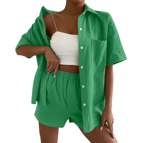 WAYUTE Womens Sets 2 Piece Outfits V Neck Solid Color Shorts and Shirt Top Shirt Slim Suits Travel Vacation Fashion Casual Summer Outfit