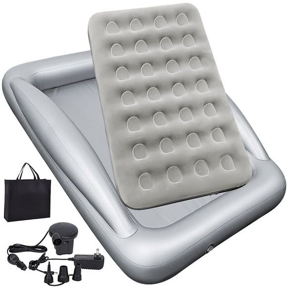 Cama de viaje inflable para niños, juego de colchón de aire para niños pequeños, colchón inflable portátil, cama para dormir, cuna con rieles de cama y bomba eléctrica, ideal para viajes por carretera