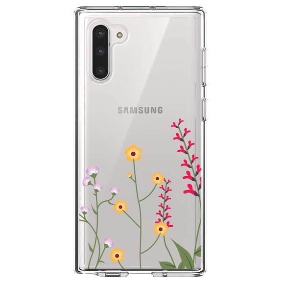DistinctInk Clear Shockproof Hybrid Case for Samsung Galaxy Note 10 (6.3" Screen) - TPU Bumper Acrylic Back Tempered Glass Screen Protector - Wildflowers Yellow Pink Purple