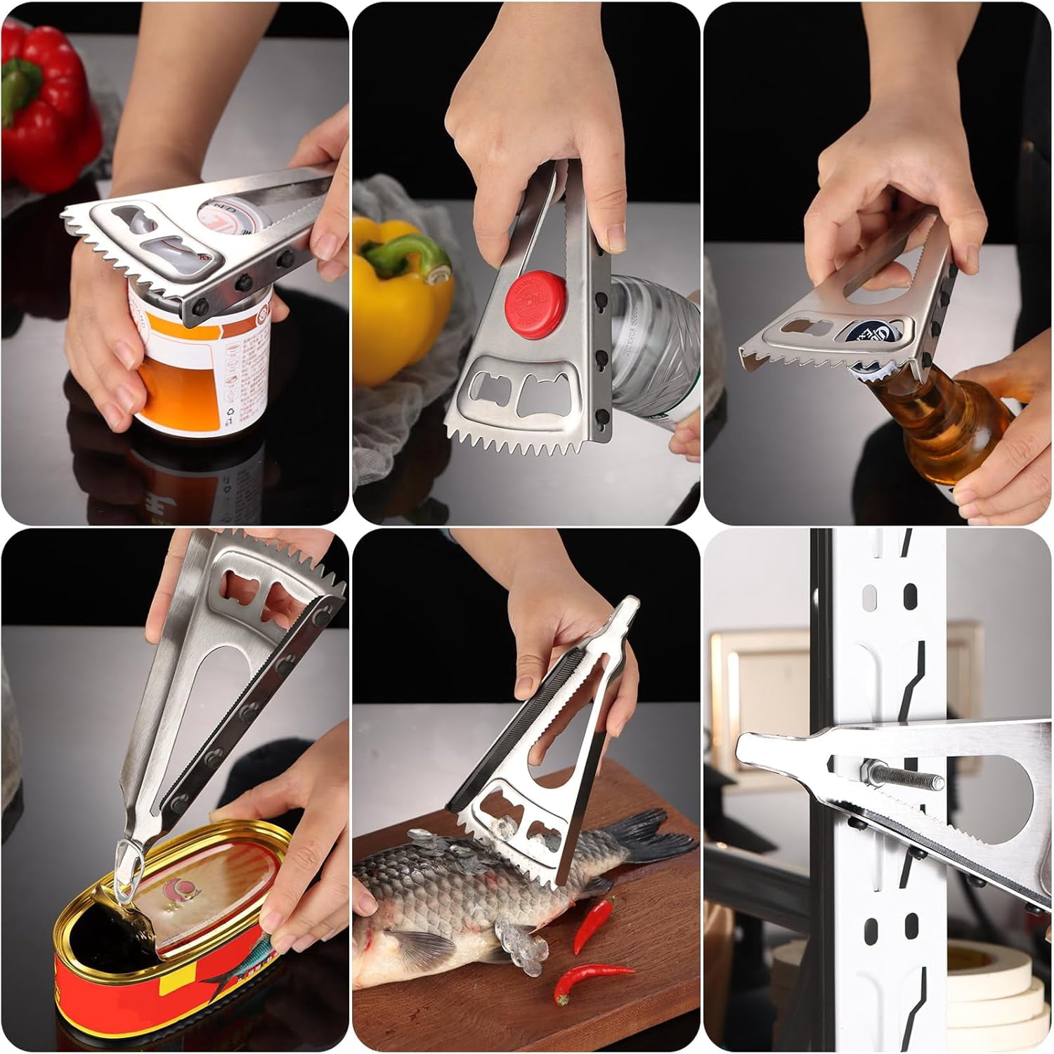 FRKSMD-Jar Opener for Weak Hands & Seniors, Stainless Steel Multi-Functional Bottle Opener Tool for Lids, Tabs, Caps, Pull Rings, 6-in-1 Can Opener