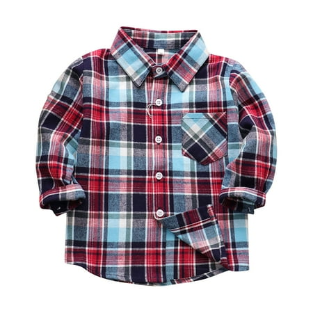 

BIZIZA Infant Baby Shirts Turndown Collar Pockets Plaid Long Sleeve Cotton Button Up for Kids Chlid Tops Cyan 140