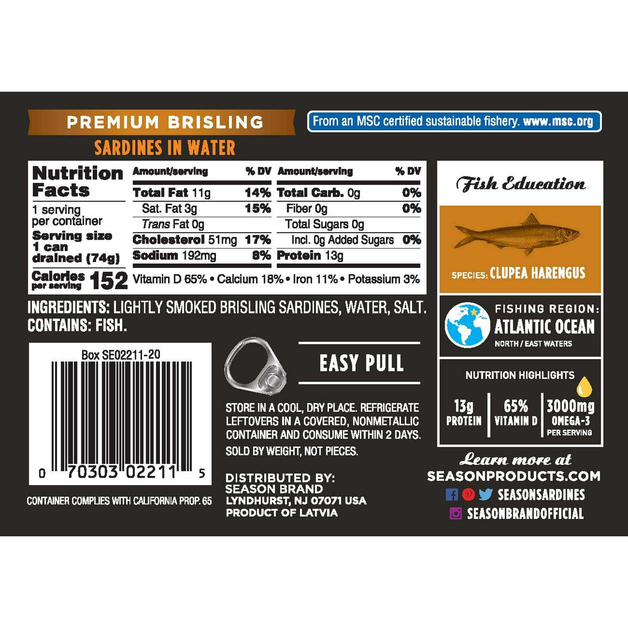 Season Wild Caught Brisling Sardines in Water - High Protein, Low Calories, Omega-3, Sustainable Seafood - 12 Pack, 3.75 Oz