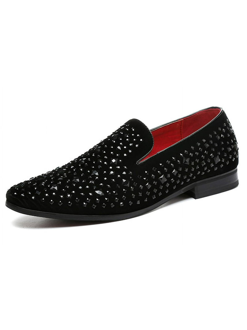 Men\'s Black Studded Velvet Loafers with Red Lining Amazon.com | FERUCCI Men Black Velvet Slippers Loafers Flat  main image 2