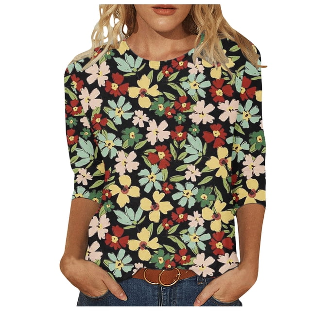 Pompotops T-shirt de Mode pour Femmes, Blouse Mi-Longue à Manches 3/4, Col Rond, Hauts Décontractés en Liquidation
