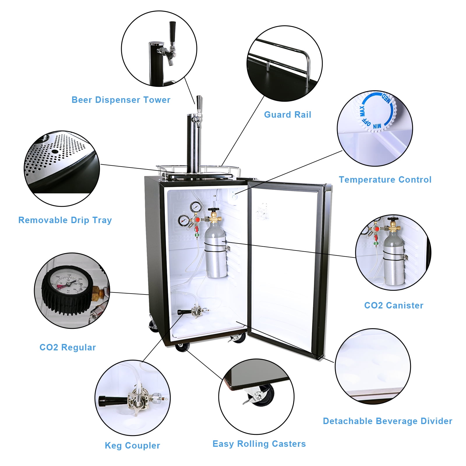 KUPPET Kegerator Draft Beer Dispenser Beer Kegerator Keg Beer Cooler for Party Compressor Cooling CO2 Regulator Casters Single Tap 3.4