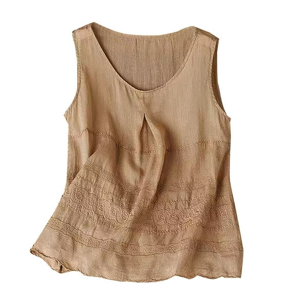 Breezora Bohemian Embroidered Linen Tank Top Women's Strappy Summer Vest Casual Wear L Size Khaki