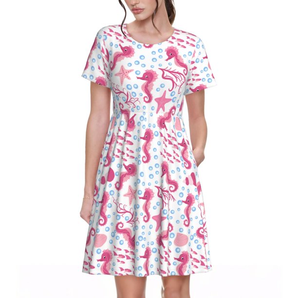 Disketp Seahorse and Starfish para Vestido de Manga Corta para Mujeres, Vestidos de Verano para Mujeres, Casual y Holgado para la Playa