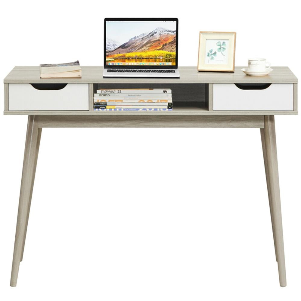 Demi Bonn Stylish Computer Desk Workstation with 2 Drawers and Solid Wood Legs, Small Home Office Desk Study Writing Table, Gray