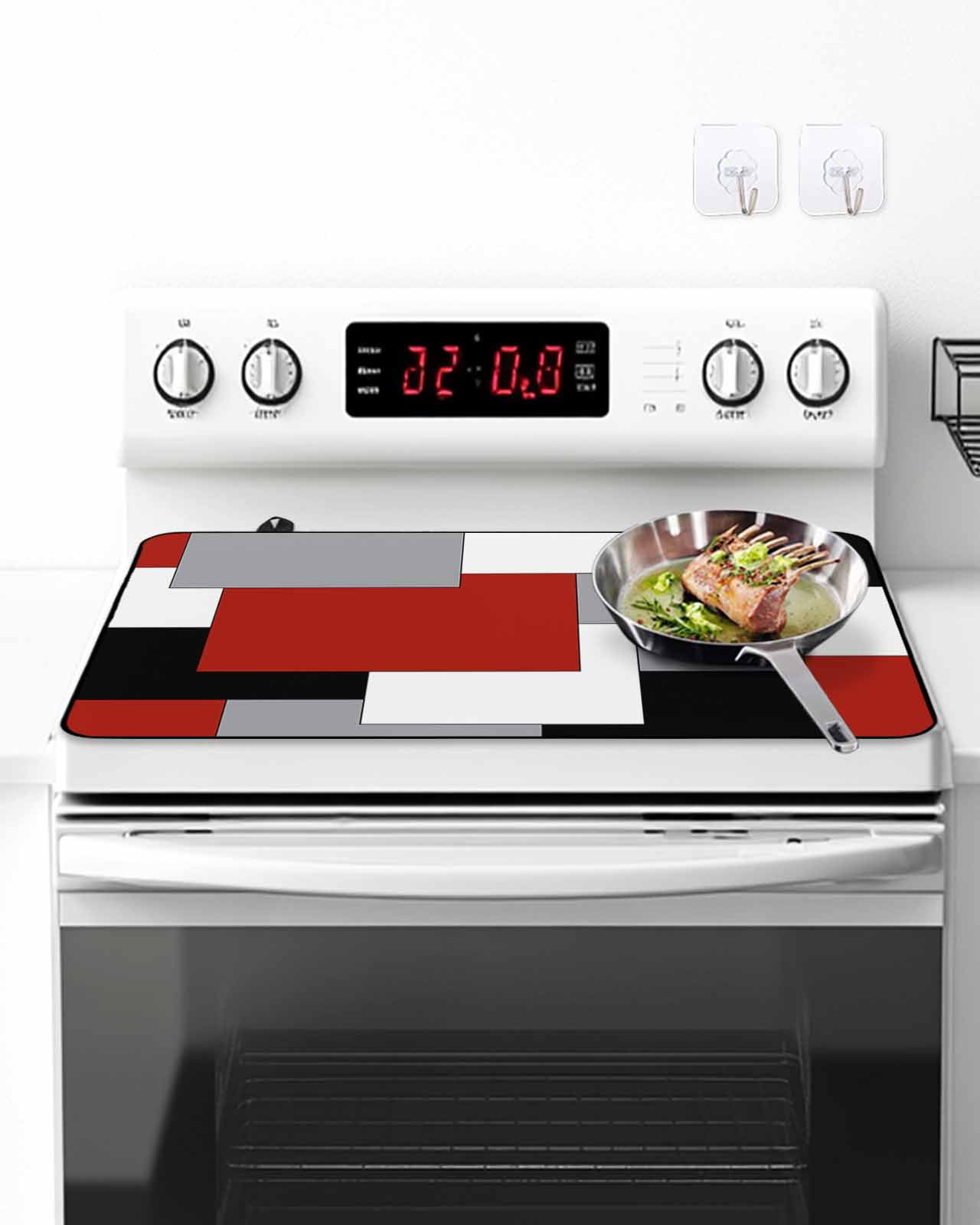 Stove Top Covers for Electric Stove, Red Grey Black Geometric Glass Stovetop Cover Protector, Middle Century Modern Art Abstract Induction Cooktop Protector Oven Mat for Kitchen Countertop 24"x21"