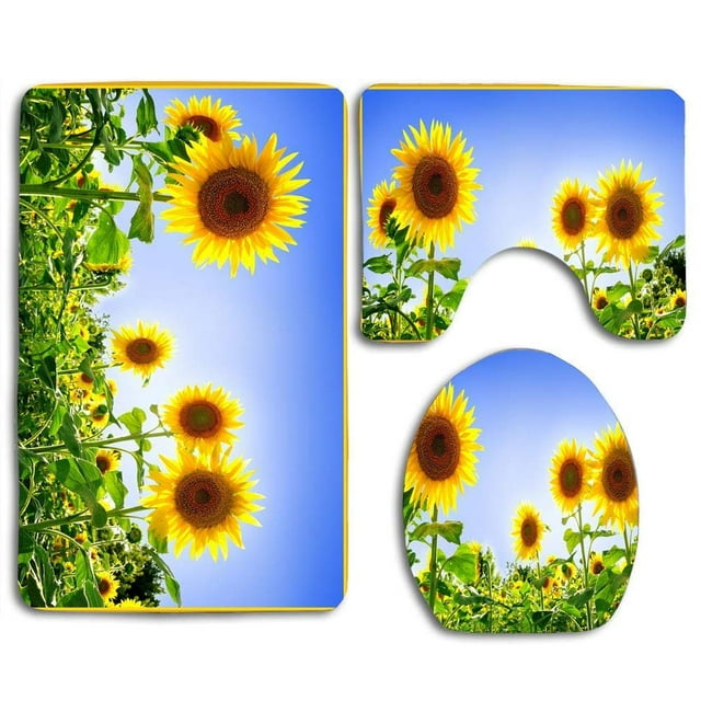 ABPHQTO Impresionantes Plantas Soleadas Flores Girasoles Juego de alfombras de baño de 3 piezas Alfombra de baño Alfombra de contorno y tapa de inodoro