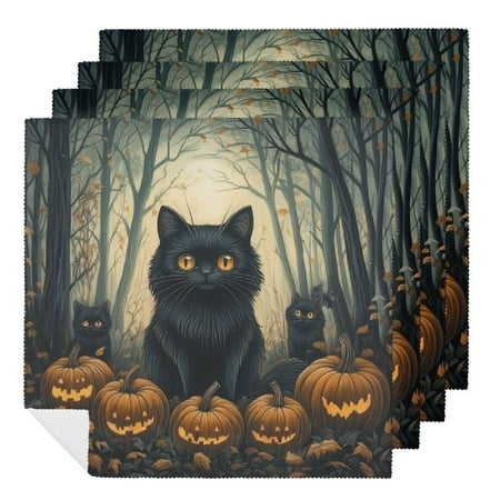 

HYKY Black Cat Pumpkins Forest Cloth Napkins for Dining Table Kitchen Daily Party Housewarming Farmhouse Decor Halloween Polyester Kitchen Napkins 2 PCS