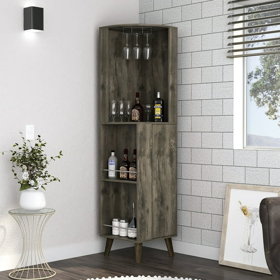71.95 In. Tall Corner Bar Cabinet, Dark Brown, Two Interior Shelves Engineered Wood Brown Cabinet With Four Drawers