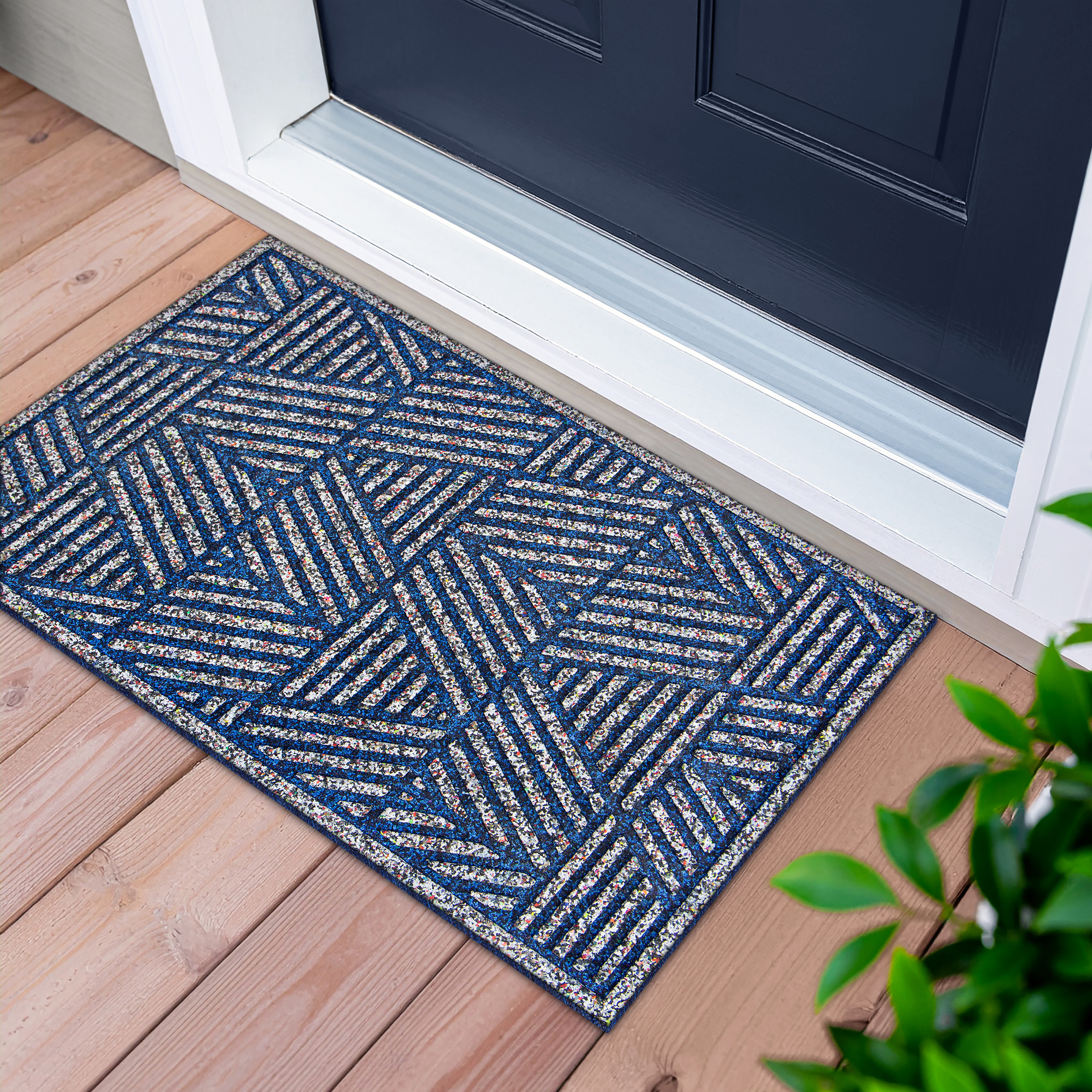 Apache Mills Blue White Triangulation Endurance Outdoor Rubber Doormat made with Nike Grind, 18" x 30"