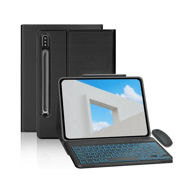 Keyboard Case with Mouse Combo for Samsung Galaxy Tab S10 Ultra 2024, S9 Ultra 2023, and S8 Ultra 2022, featuring a 14.6-inch smart folio cover with a detachable wireless keyboard. The keyboard includes 7 backlit RGB color options and 3 brightness levels for enhanced visibility. The case is made of premium PU leather with precise cutouts for full access to tablet features and supports S Pen charging. Includes a dual-mode wireless mouse with Bluetooth and 2.4GHz connectivity. Shown in a sleek black design with the keyboard illuminated in blue.