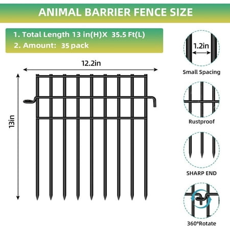 35 Panels Animal Barrier Fence, 13in(H) x 35.5ft(L) Dog Digging Fence Barrier, 1.2 in Gap Anti Dig Garden Edging Border, Rustproof Metal Ground Defense Border for Outdoor