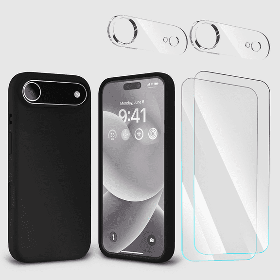 5-in-1 Entronix Bundle designed for iPhone 17 Air, Liquid Silicone Case, 2 Tempered Glass, 2 Camera Lens