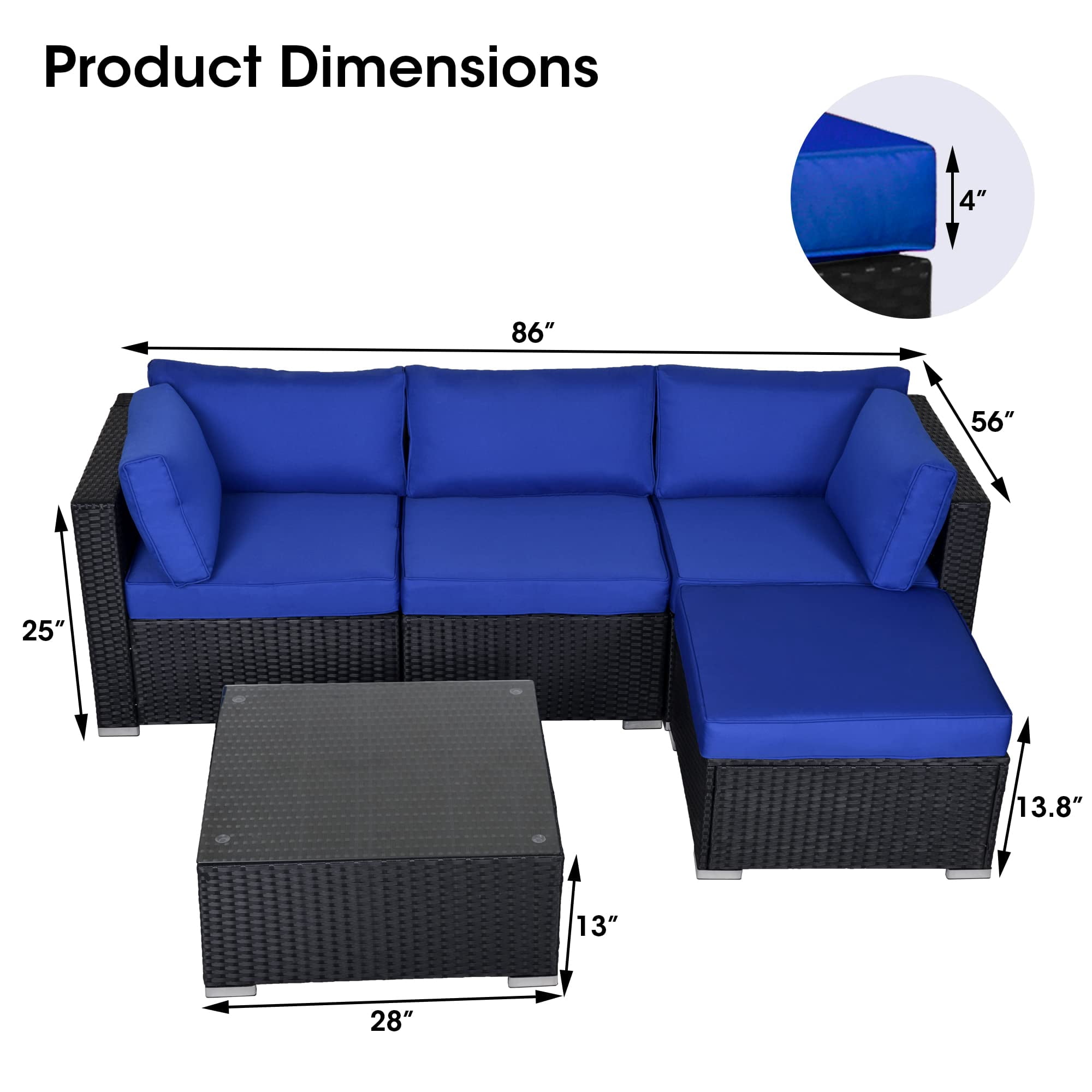 Royalcraft Rattan Patio Sofa Set, 5 Pieces Outdoor Sectional Furniture Set, All-Weather PE Wicker Patio Conversation Set, Outdoor Couch Sofa Set with Glass Table & Dark Blue Cushions