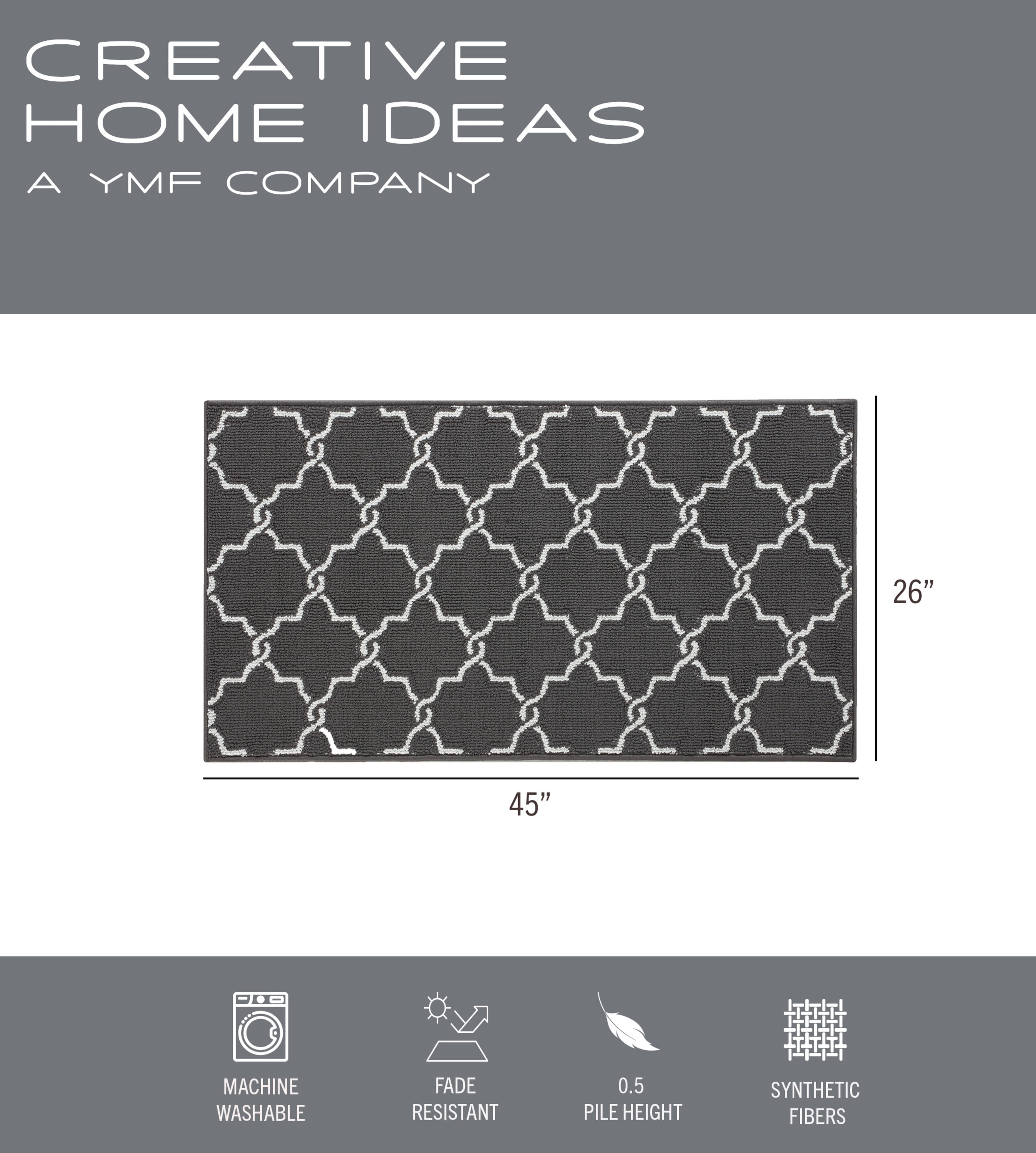 Washable Non-Slip Accent Rug, Geometric, Dark Grey and White, 26" x 45"