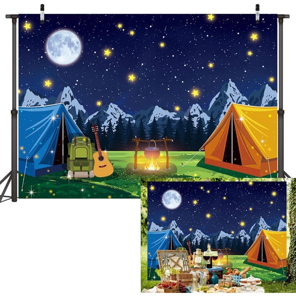 Camping Campfire Party Backdrop Summer Camp Mountain Tent Theme Background Boys Kids Teenagers Birthday Shower Classroom Outdoor Photo Shoot Banner