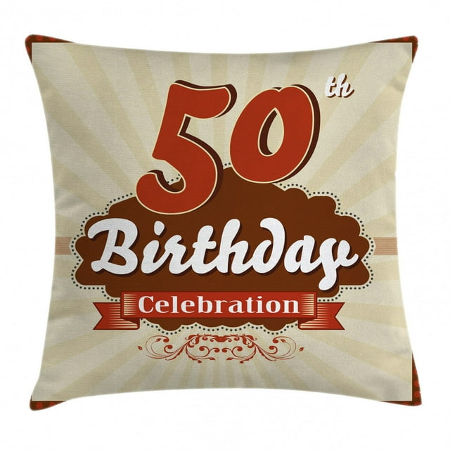 50th Birthday Decorations Throw Pillow Cushion Cover, Retro Old Fashion Celebration Theme Stripes and Dots, Decorative Square Accent Pillow Case, 16 X 16 Inches, Scarlet Brown Eggshell, by Ambesonne