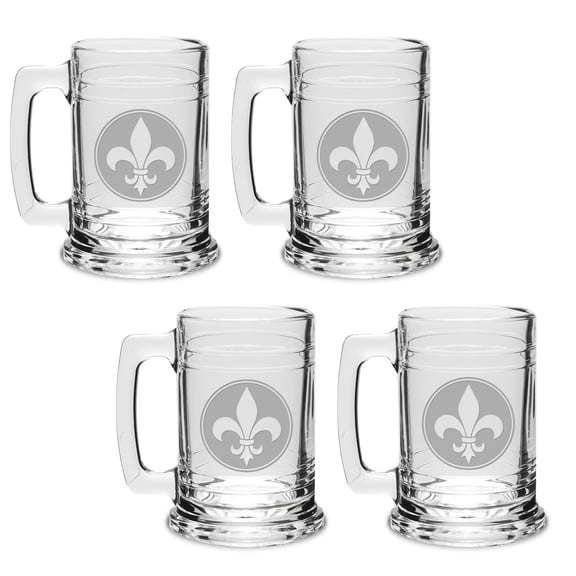 Fleur De Lis Deep Etched Glass Tankard Mug Set of 4