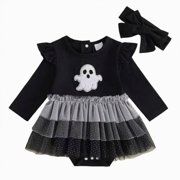 BOBOGOJP Infant Baby Girl Halloween Clothes Long Sleeve Romper with Lace Tutu Skirt Newborn Pumpkin Outfit Ghost Outfit Black for Size 12-18 Months