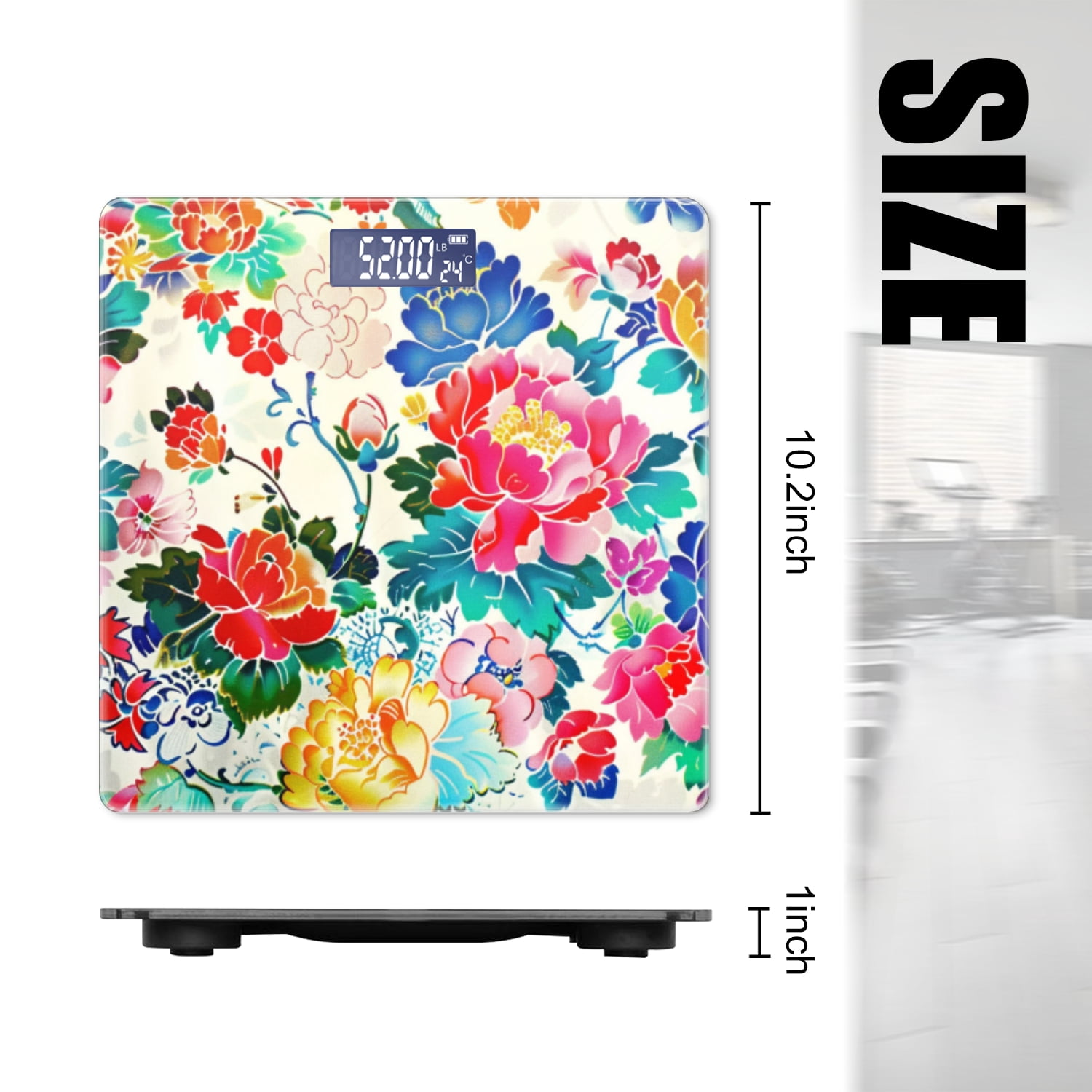 Digital Bathroom Scale with Large LCD Display,High Capacity Scale 400 lbs High Precision body fat scale-Colorful Flowers And Peonies Patterned With White Background