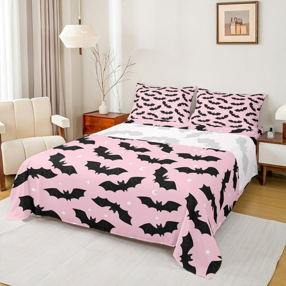 Manfei Halloween Bat Child Twin Sheet Sets, Cartoon Stars Moon Print Twin Fitted Sheet, Sugar Gothic Theme Flat Sheet, Lightweight Room Decor, 3pcs