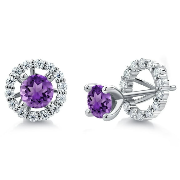 Gem Stone King 925 Sterling Silver Women Stud Earrings with Removable Jackets Round Amethyst and Moissanite (1.37 Cttw)