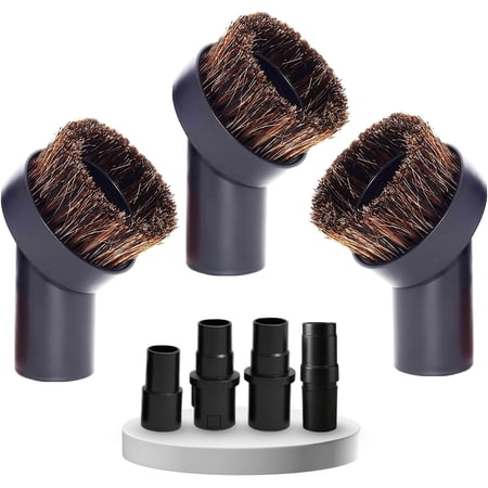3 Pack (1.25'') Horsehair Soft Vacuum Brush Attachment plus Adapters Compatible with Small Shop Vacs, Shark, Miele & Central Vacs - Vacuum Accessories for Furniture, Blinds, Baseboard & Car Interior