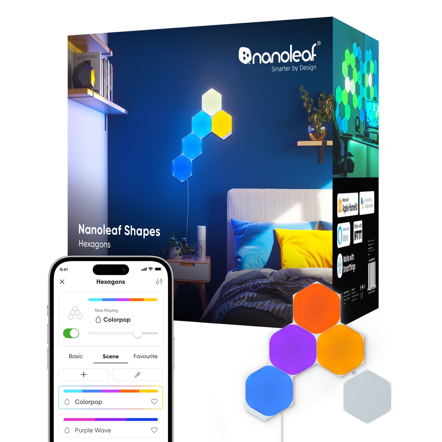 Nanoleaf Shapes Hexagons Smarter Kit (5 Panels) – Modular Wall Light Panels for Indoor Use, Modern Home Decor Style
