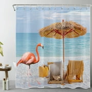 HVEST Ocean Beach Shower Curtain for Bathroom Pink Flamingo with Blue Sky Sea Coastal Bathroom Shower Curtains with Hooks, Summer Scenery Theme Bathroom Curtains Shower Set 72x78 inch