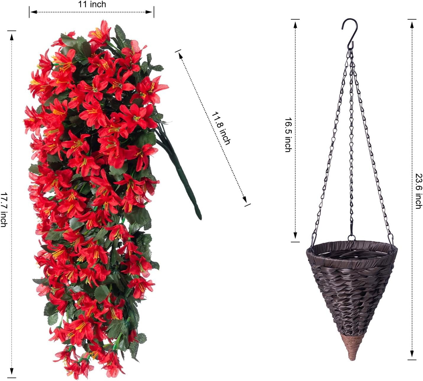 Artificial Fake Hanging Plants Flowers Basket for Outdoor Outside Decoration, Faux Silk Realistic UV Resistant Red Long Vines Planter for Porch Patio Balcony Yard Home Spring Summer