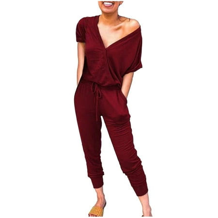 

Women s Short Sleeve Jumpsuits Sexy V Neck Elastic Waist Drawstring Beam Foot Casual Summer Rompers with Pockets (Medium Wine)