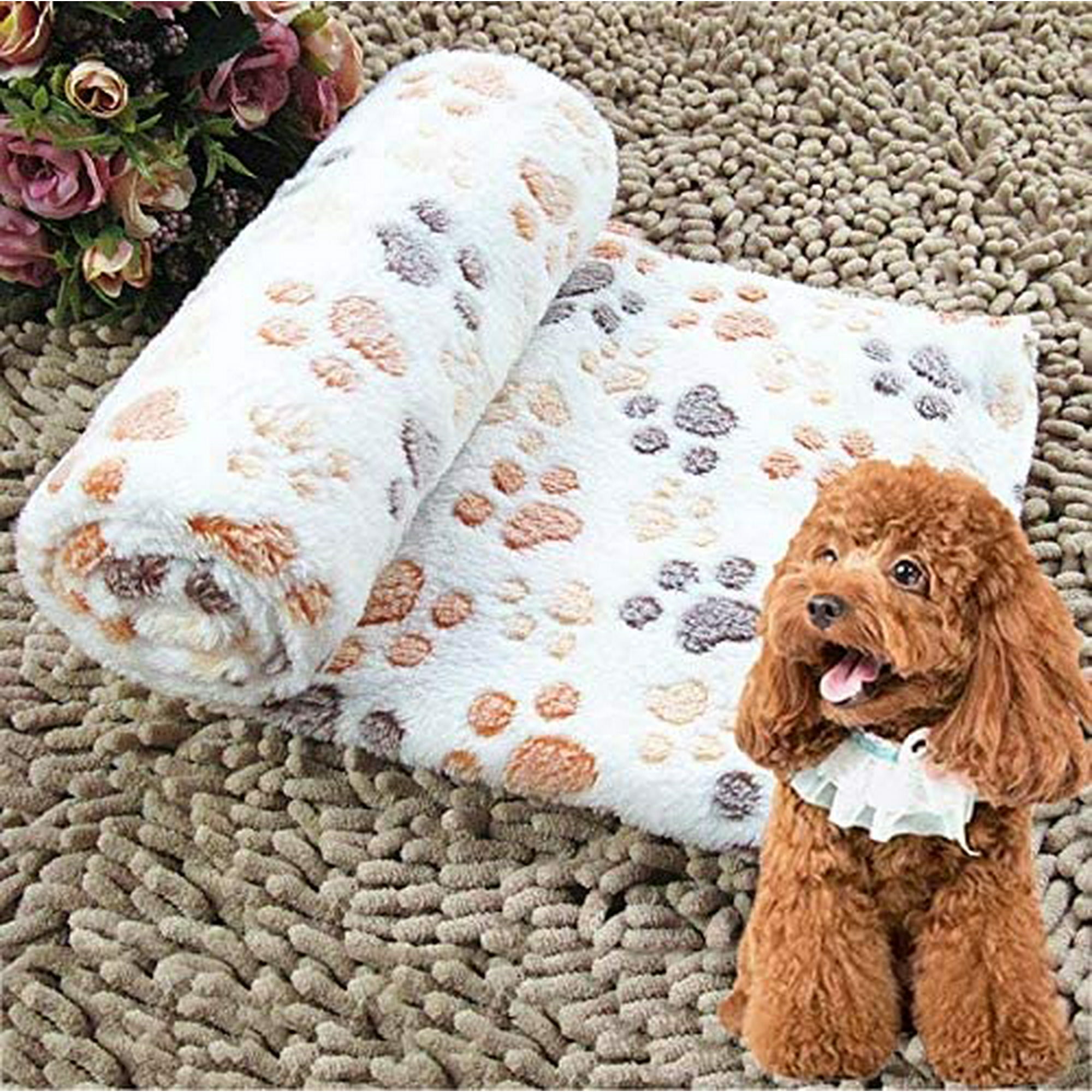 Pet Products Well Made Dog Kennel Mat Footprints Pattern Thick Warm Coral Fleece Pet Dog Blankets Size S 40 60cm Coffee Color Magenta