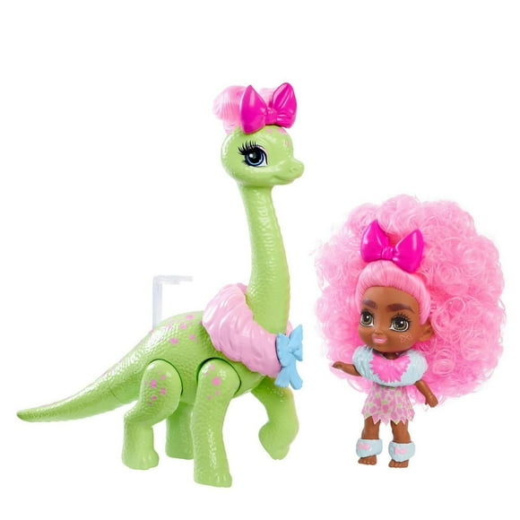 Poupée Bébé Diva Cave Club d’environ 8 cm avec cheveux frisés roses, tenue, accessoires et figurine dinosaure, cadeau à partir de 4 ans