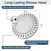 BRIGHT SHOWERS Rain Shower Head, 9 Inch High Pressure Waterfall Showerhead with Adjustable Angle and Anti-clogging Silicone Nozzles, Luxury Bathroom Overhead Rainfall Shower Head, Chrome